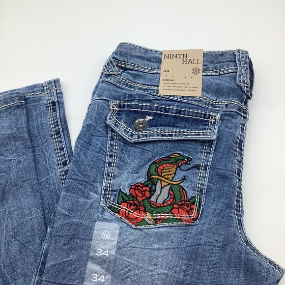 Ninth Hall Mens Stack Flare Snake Eagle Pocket Jeans Blue 34‎ x 36 NWT - Picture 1 of 12